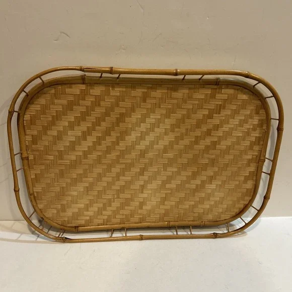 Vintage Wicker Rattan Bamboo Serving Tray Tiki Lap Board Midcentury Modern Boho - Picture 2 of 7